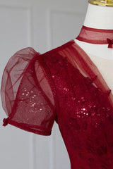 Party Dresses Australia, Burgundy Tulle Sequins Tea Length Prom Dress, A-Line Evening Dress