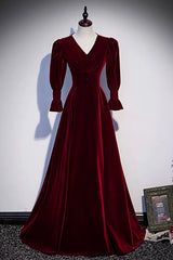 Party Dress Prom, Burgundy Velvet Long Prom Dresses, A-Line Long Sleeve Evening Dresses