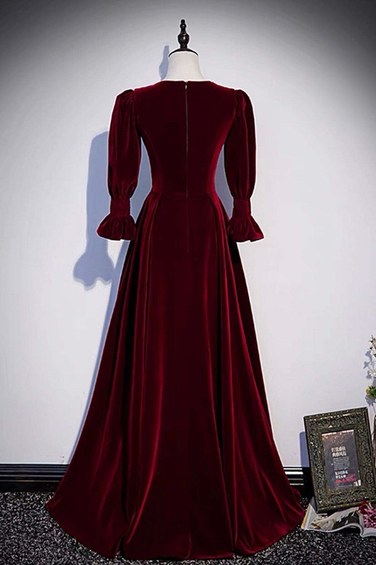 Party Dress Pinterest, Burgundy Velvet Long Prom Dresses, A-Line Long Sleeve Evening Dresses