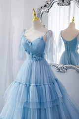 Prom Dresses Purple, A-Line Tulle Long Prom Dresses, V-Neck Spaghetti Strap Long Princess Dresses