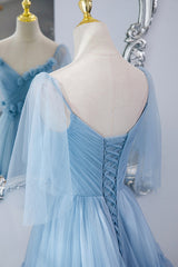 Prom Dresses Ball Gowns, A-Line Tulle Long Prom Dresses, V-Neck Spaghetti Strap Long Princess Dresses