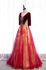 Party Dress On Sale, Burgundy Velvet Tulle Long Prom Dresses, Burgundy 1/2 Sleeve Evening Dresses