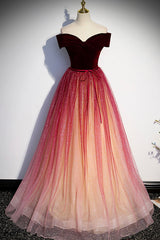 Party Dress Dress Up, Burgundy Velvet Tulle Long Prom Dresses, Off the Shoulder Formal Evening Dresses