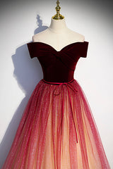 Party Dresses Store, Burgundy Velvet Tulle Long Prom Dresses, Off the Shoulder Formal Evening Dresses