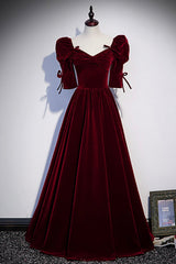 Party Dresses Long, Burgundy Velvet Long Prom Dresses, A-Line Short Sleeve Evening Dresses