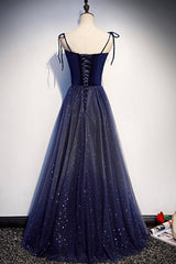 Modest Prom Dress, Blue Velvet Tulle Long Prom Dresses, Lovely A-Line Graduation Dresses