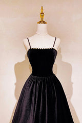 Homecoming Dresses Simple, Black Velvet Pearls Long Prom Dresses, Black A-Line Evening Party Dresses