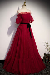 Party Dresses Summer, Burgundy Tulle Long Prom Dresses, A-Line Evening Dresses