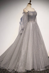 Bridesmaid Dress Inspiration, Gray Tulle Sequins Long Prom Dress, Long Sleeve Evening Dress