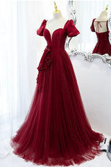 Prom Dresses 15, A-Line Satin Tulle Long Prom Dresses, Burgundy Evening Dresses