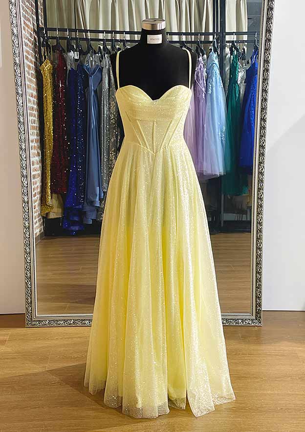 Yellow Prom Dresses, A-line Sweetheart Spaghetti Straps Long/Floor-Length Tulle Prom Dress With Pleated Glitter