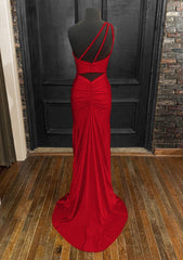 Sheath/Column One-Shoulder Sleeveless Jersey Long/Floor-Length Red Prom Dress With Pleated Split