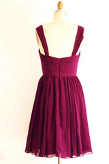 Engagement Photo, Magenta v-Neck Straps A-Line Short Bridesmaid Dress