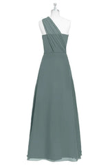 Shirt Dress, Dark Sage Green Chiffon One-Shoulder Long Bridesmaid Dress