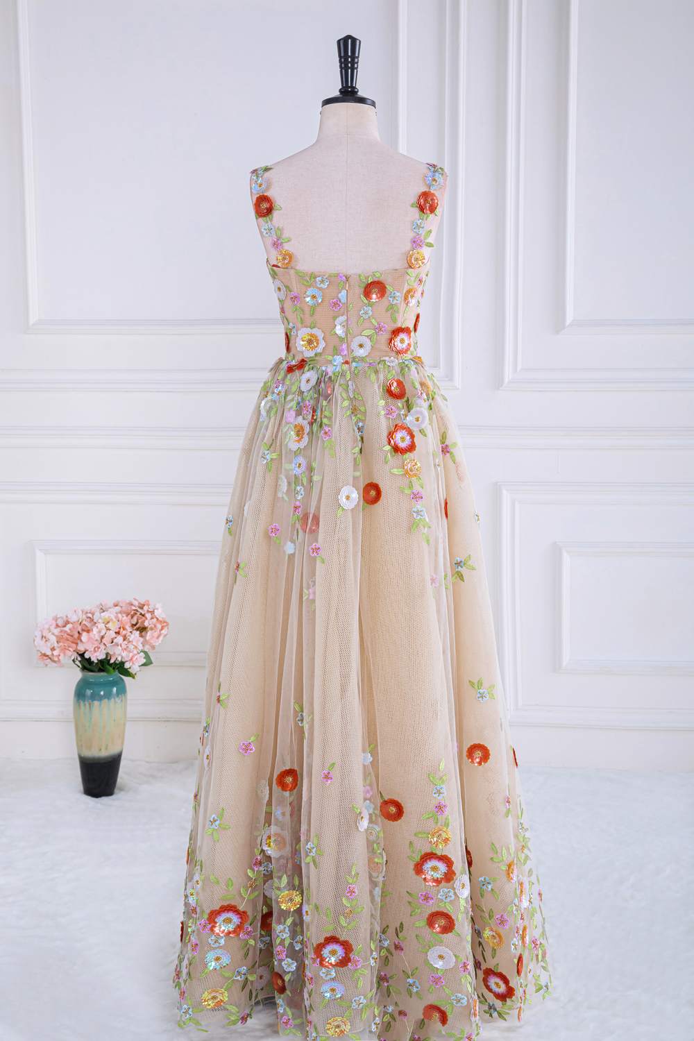 Evening Dress Princess, Dusty Pink Sequined Floral Appliques A-line Long Prom Dress