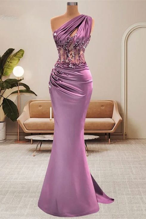 Lilac One Shoulder Mermaid Prom Dress with Beads