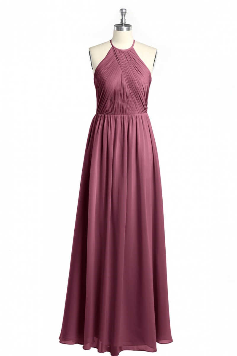 Bridesmaid Dresses, Mauve Chiffon Halter Backless A-Line Long Bridesmaid Dress