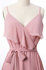 Bridesmaids Dresses Short, Mauve Pink Chiffon Spaghetti Straps Ruffled A-Line Bridesmaid Dress