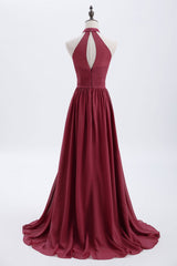 Graduation Outfit, High Neck Burgundy Chiffon A-line Long Bridesmaid Dress