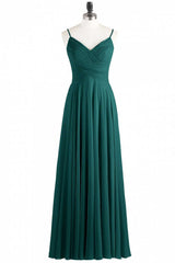 Party Dress For Christmas, Hunter Green Chiffon V-Neck Spaghetti Straps A-Line Long Dress