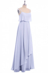 Party Dress Designer, Lavender Chiffon Spaghetti Straps Ruffled A-Line Long Dress