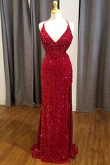 Evening Dress Suit, Red Sequin V-Neck Mermaid Long Formal Dress