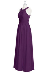 Bridesmaid Dresses Dusty Blue, Magenta Chiffon Halter Cutout Back Long Bridesmaid Dress