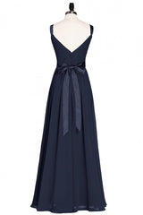 Bridesmaids Dress Styles, Navy Blue V-Neck Tie-Back A-Line Long Bridesmaid Dress