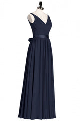 Bridesmaids Dress Style, Navy Blue V-Neck Tie-Back A-Line Long Bridesmaid Dress