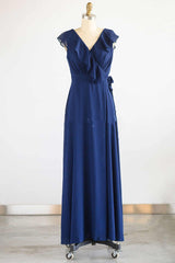 Bridesmaids Dresses Fall Colors, Navy Blue Ruffled Tie-Side Long Bridesmaid Dress