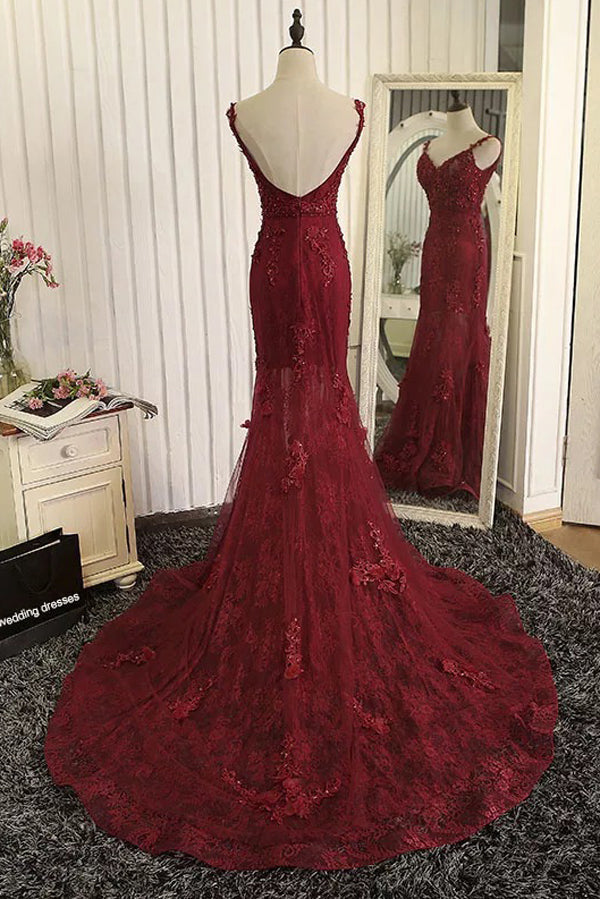 Bridesmaid Dress Color Palettes, Burgundy Trumpet Sweep Train V Neck Mid Back Appliques Beading Long Prom Dresses