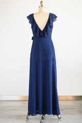 Bridesmaid Dresses Fall Wedding, Navy Blue Ruffled Tie-Side Long Bridesmaid Dress