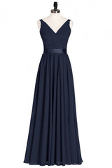 Bridesmaid Dresse Styles, Navy Blue V-Neck Tie-Back A-Line Long Bridesmaid Dress