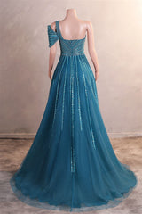 One-Shoulder Beading Sweep Train Backless Evening Dress