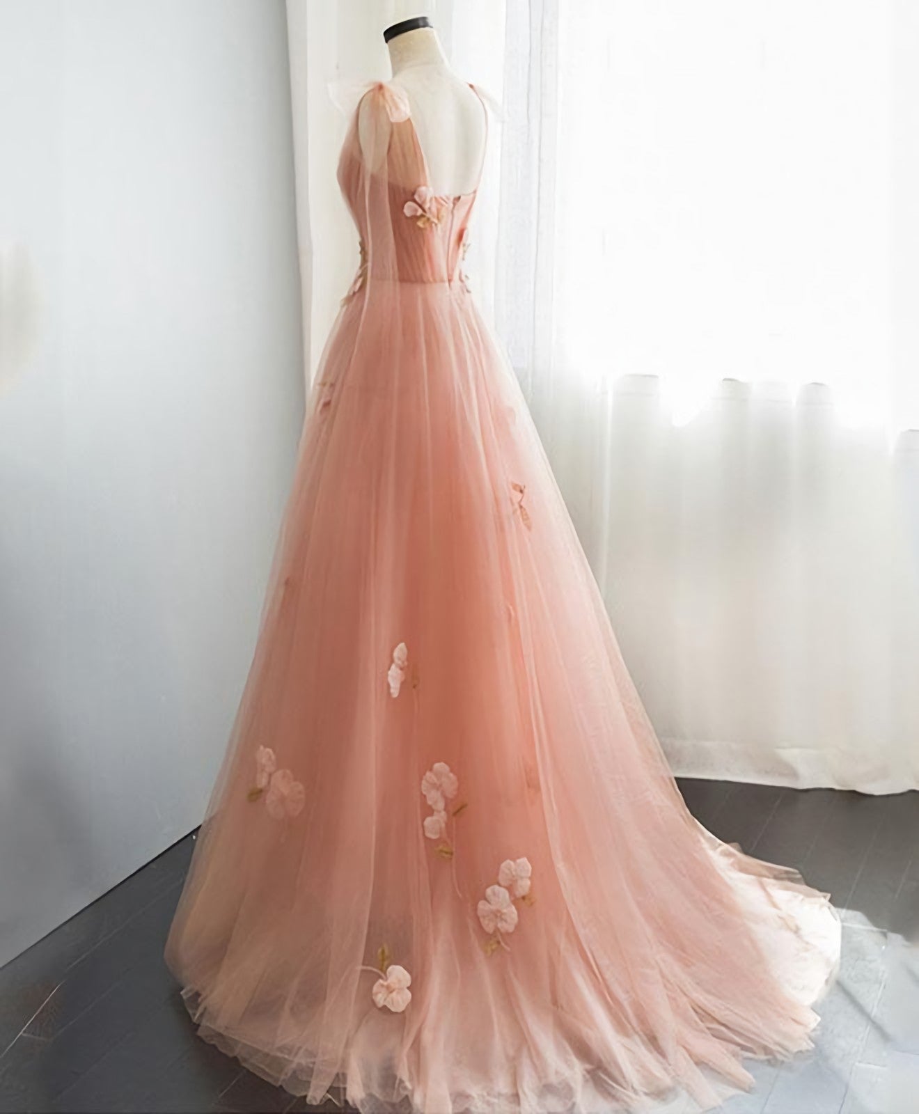 Beach Wedding Guest Dress, Pink V Neck Tulle Long Prom Dress, Tulle Evening Dress