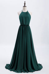 Party Dress Christmas, Hunter Green Halter Chiffon A-line Long Bridesmaid Dress