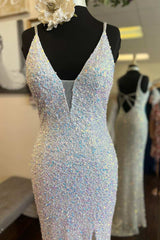 Bridesmaid Dress Mauve, White Iridescent Sequin Plunge V Long Prom Dress with Slit