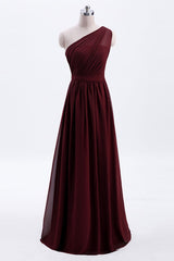 Bridesmaid Dresses 2038, One Shoulder Burgundy A-line Chiffon Long Bridesmaid Dress