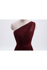 Bridesmaid Dresses Pink, One Shoulder Burgundy A-line Chiffon Long Bridesmaid Dress