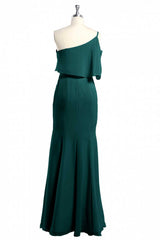 Party Dress Sleeve, Hunter Green One-Shoulder Mermaid Ruffled Long Bridesmaid Dress