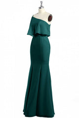 Party Dresses Sleeves, Hunter Green One-Shoulder Mermaid Ruffled Long Bridesmaid Dress