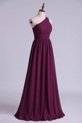 Bridesmaid Dresses Earth Tones, Magenta Chiffon One-Shoulder A-Line Long Bridesmaid Dress