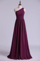 Long Sleeve Wedding Dress, Magenta Chiffon One-Shoulder A-Line Long Bridesmaid Dress