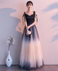 Bride Dress, Black Sweetheart Tulle Sequin Long Prom Dress, Black Evening Dress