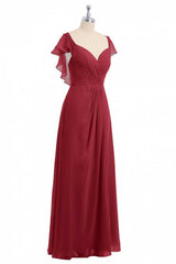 Bridesmaids Dress Peach, Wine Red Chiffon Backless Ruffled Sleeve Long Bridesmaid Dress