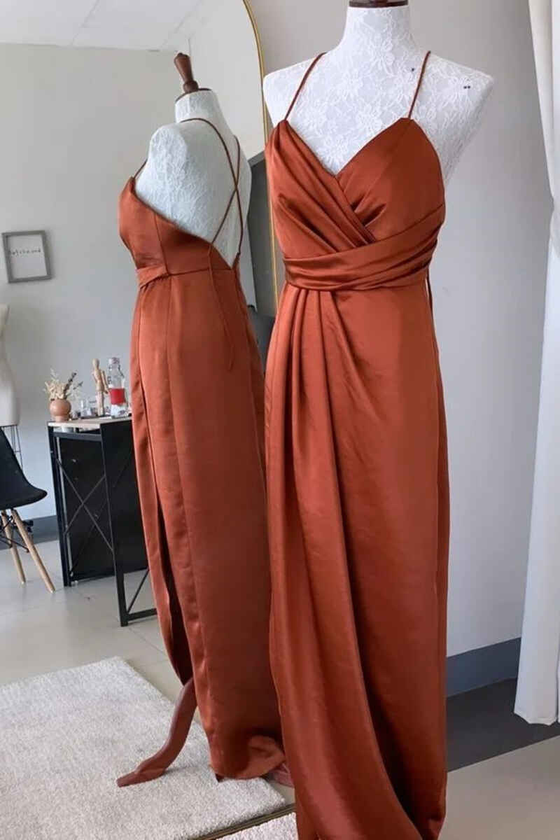 Prom Dresses 2018, Burnt Orange Backless Long Bridesmaid Dress with Slit