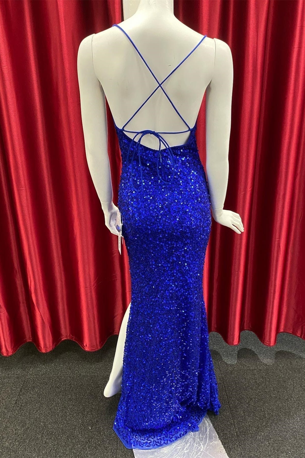 Evening Dresses Vintage, Royal Blue Lace-Up Sequins Mermaid Long Prom Dress with Slit