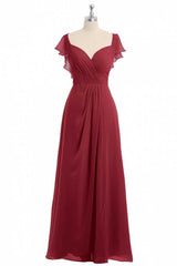 Bridesmaids Dresses Peach, Wine Red Chiffon Backless Ruffled Sleeve Long Bridesmaid Dress