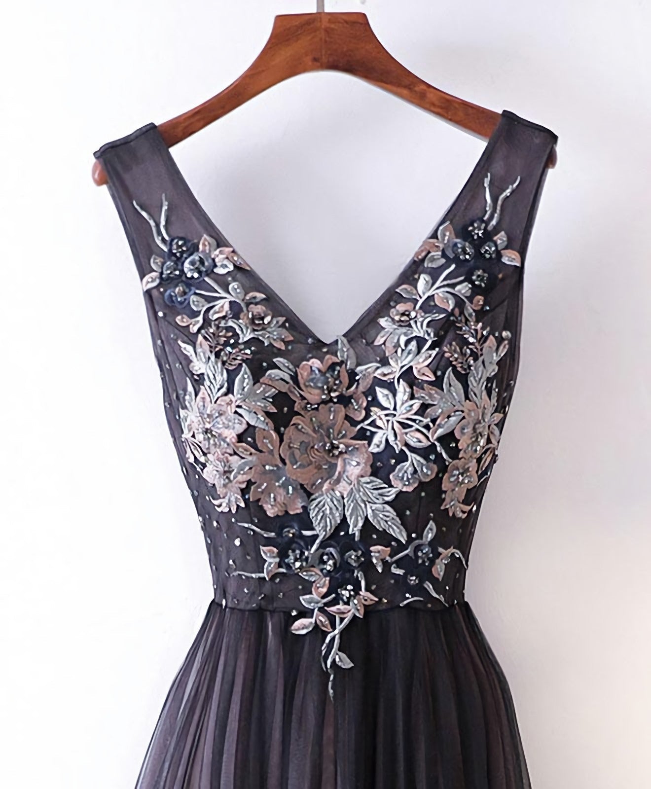 Bridesmaid Dresses With Sleeve, Black V Neck Lace Applique Tulle Long Prom Dress, Black Evening Dress