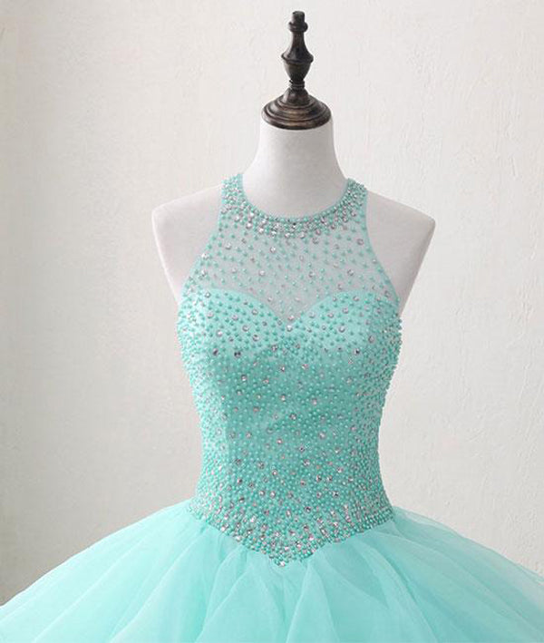 Blue Prom Dress, Mint Ball Gown Floor Length Halter Keyhole Back Beading Ruffles Prom Dresses